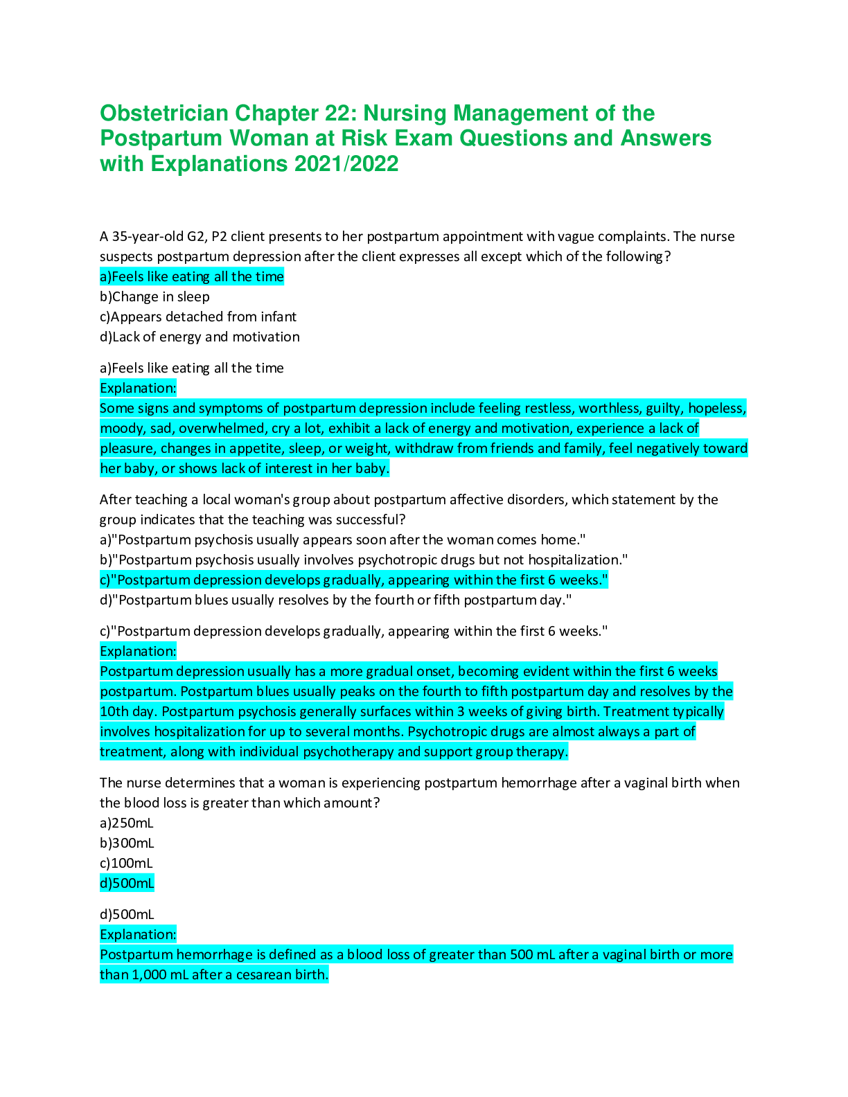 Preview of Obstetrician Chapter 22: Nursing Management of the Postpartum Woman at Risk Exam Questions